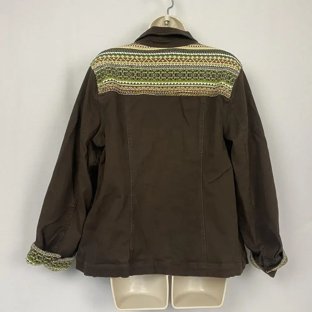 Denim & Co Jacket Womens Large Brown Trucker Southwestern Knit Trim Boho Trucker